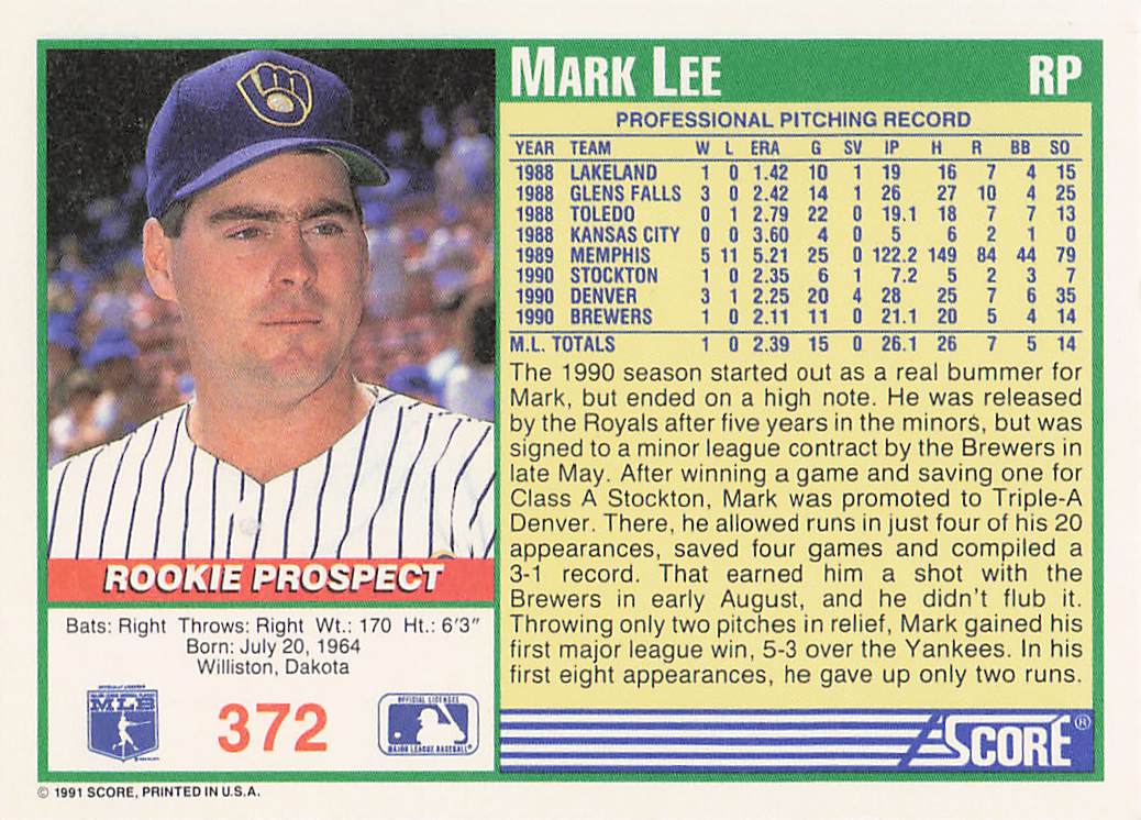 1991 Score Baseball Mark Lee #372 Rookie