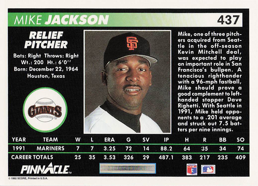 1992 Pinnacle Baseball Mike Jackson #437