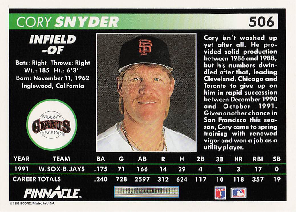 1992 Pinnacle Baseball Cory Snyder #506