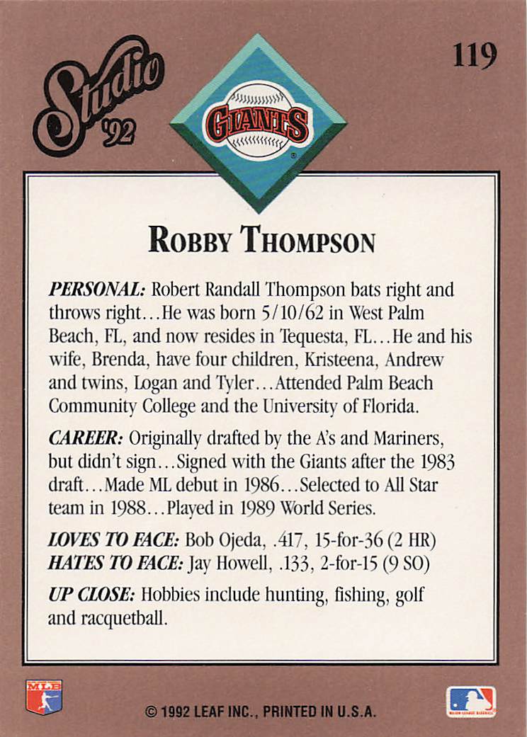 1992 Studio Baseball Robby Thompson #119