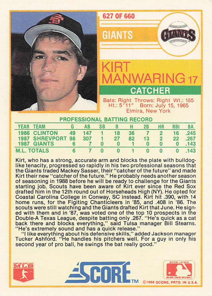 1988 Score Baseball Kirt Manwaring #627 Rookie