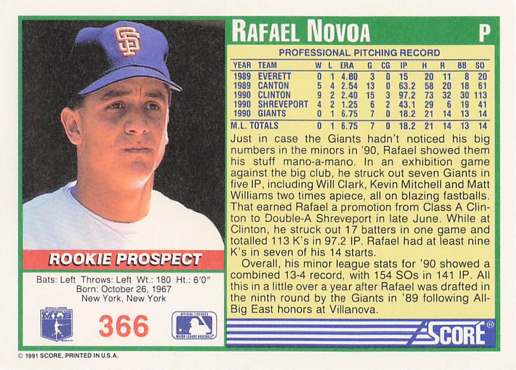 1991 Score Baseball Rafael Novoa #366 Rookie