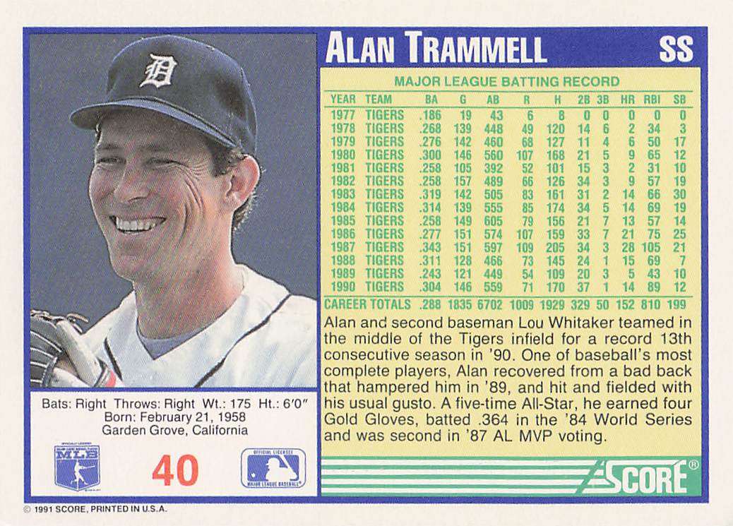 1991 Score Baseball Alan Trammell #40