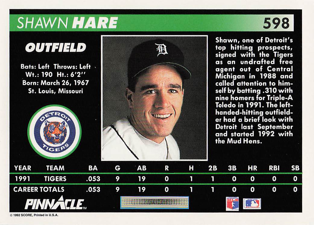 1992 Pinnacle Baseball Shawn Hare #598 Rookie