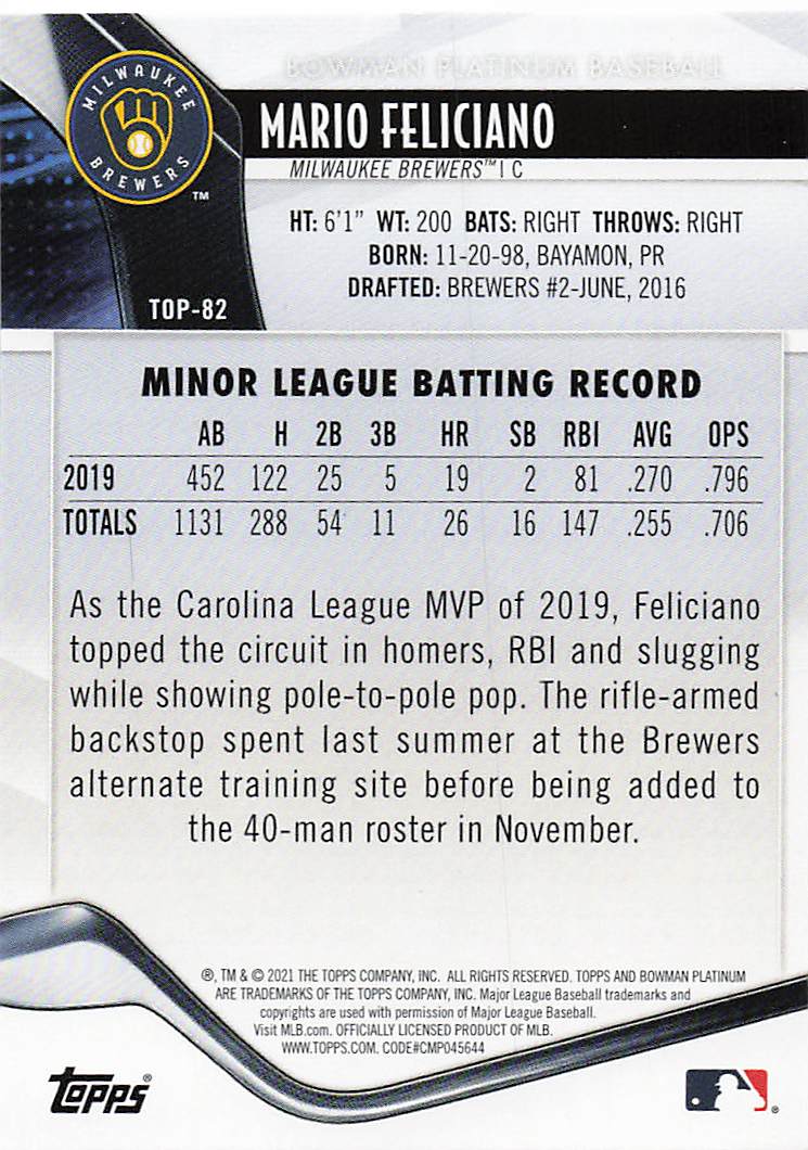 2021 Bowman Platinum Baseball Mario Feliciano #TOP-82