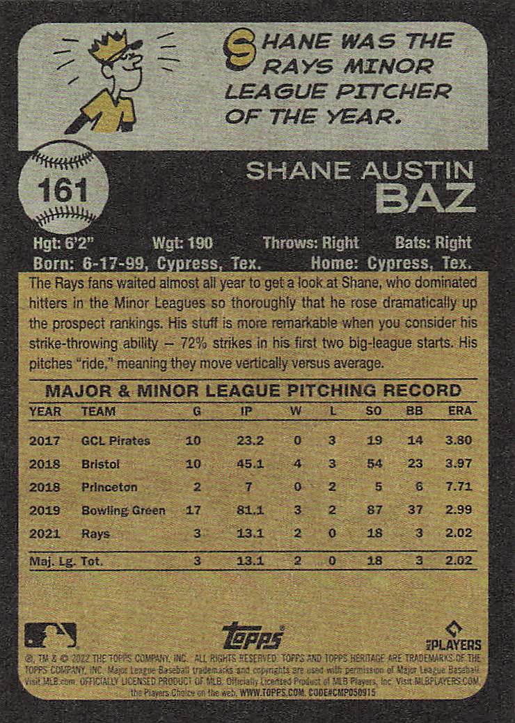 2022 Topps Heritage Baseball Shane Baz #161 Rookie