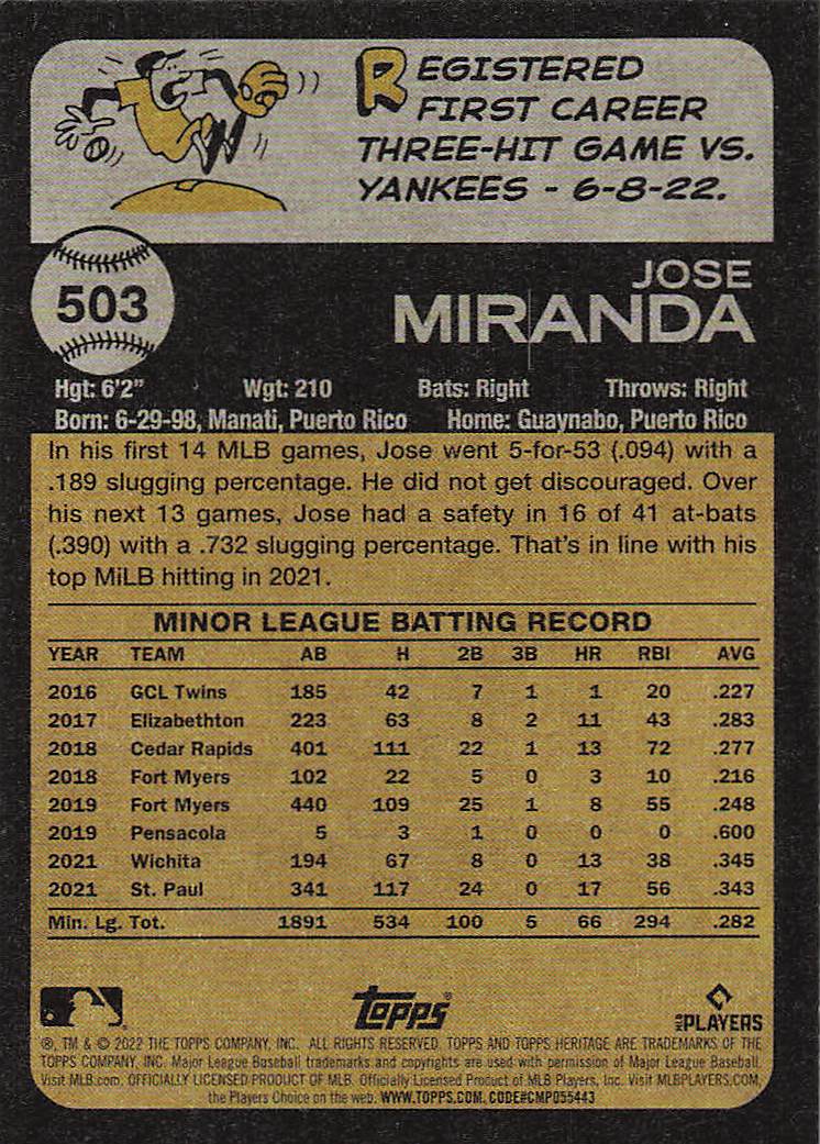 2022 Topps Heritage Baseball Jose Miranda #503 Rookie