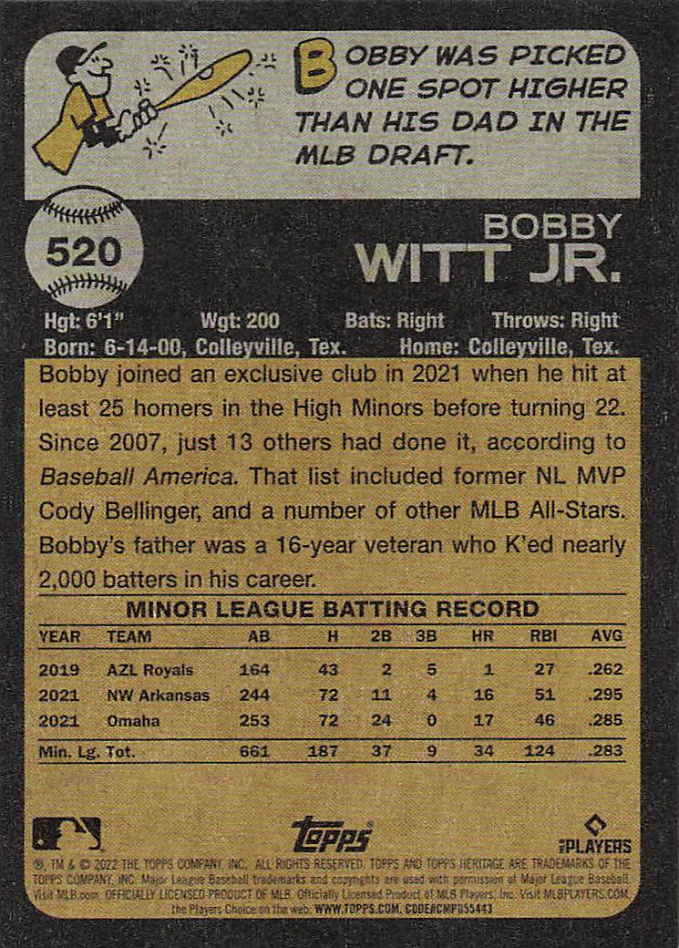 2022 Topps Heritage Baseball Bobby Witt Jr. #520 Rookie
