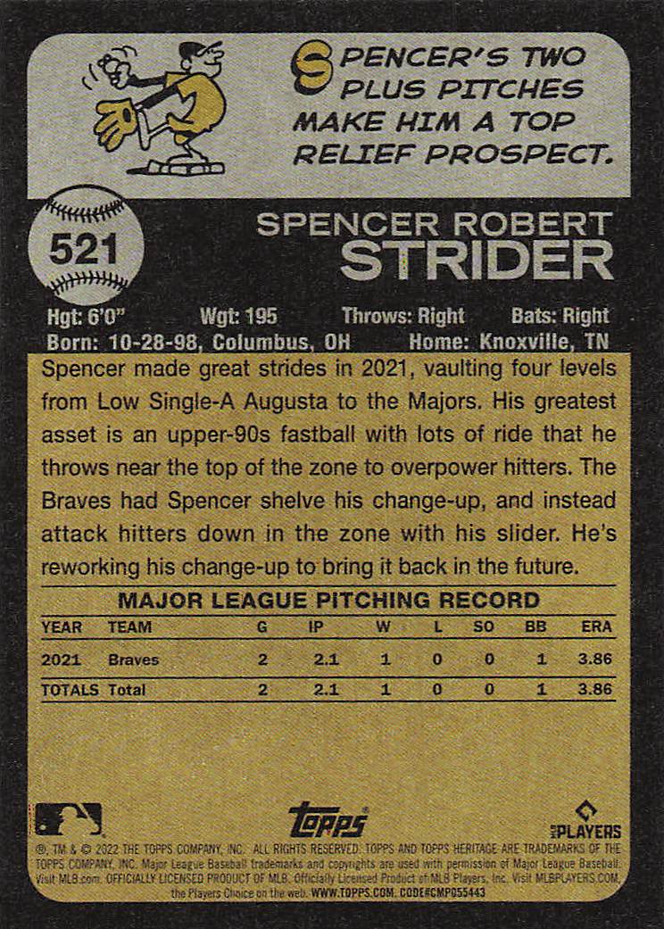 2022 Topps Heritage Baseball Spencer Strider #521 Rookie