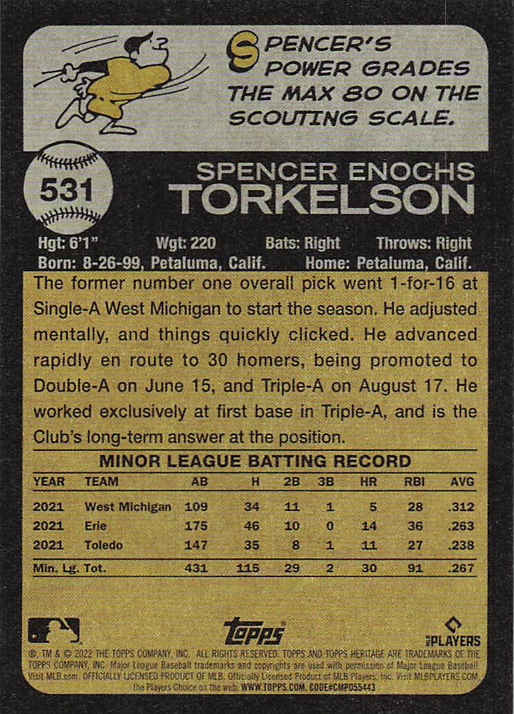 2022 Topps Heritage Baseball Spencer Torkelson #531 Rookie