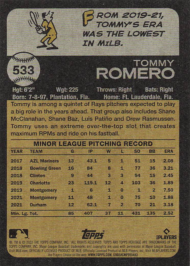 2022 Topps Heritage Baseball Tommy Romero #533 Rookie