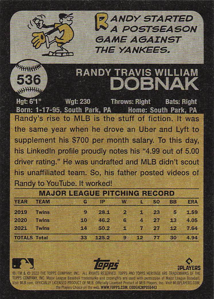 2022 Topps Heritage Baseball Randy Dobnak #536