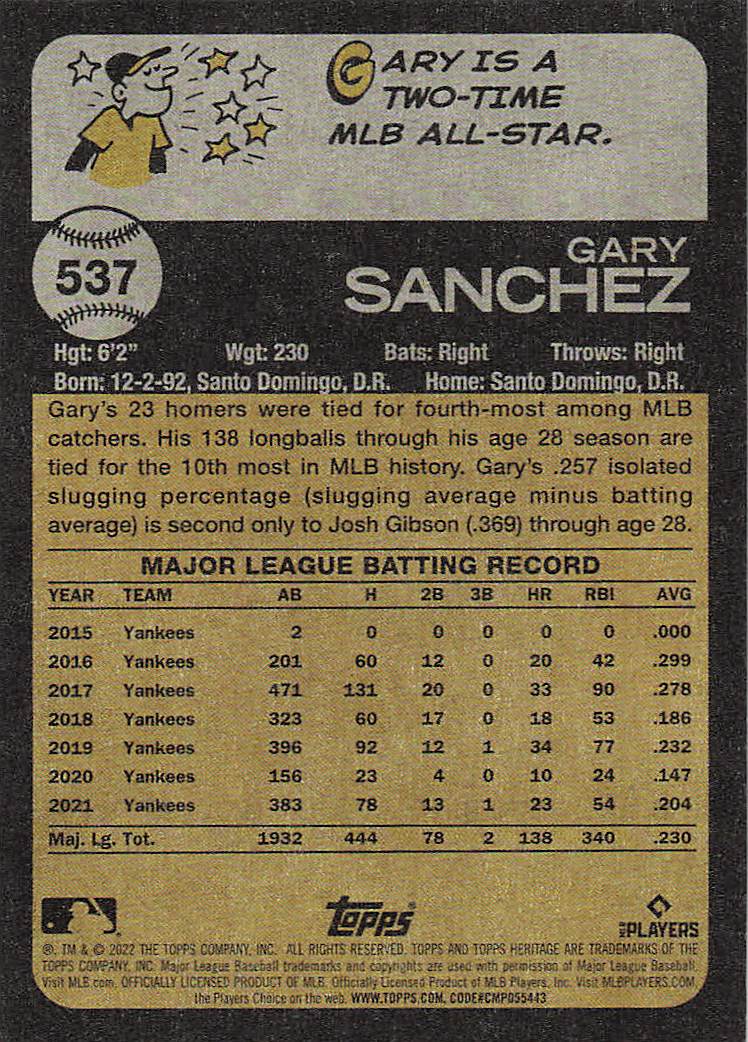 2022 Topps Heritage Baseball Gary Sanchez #537