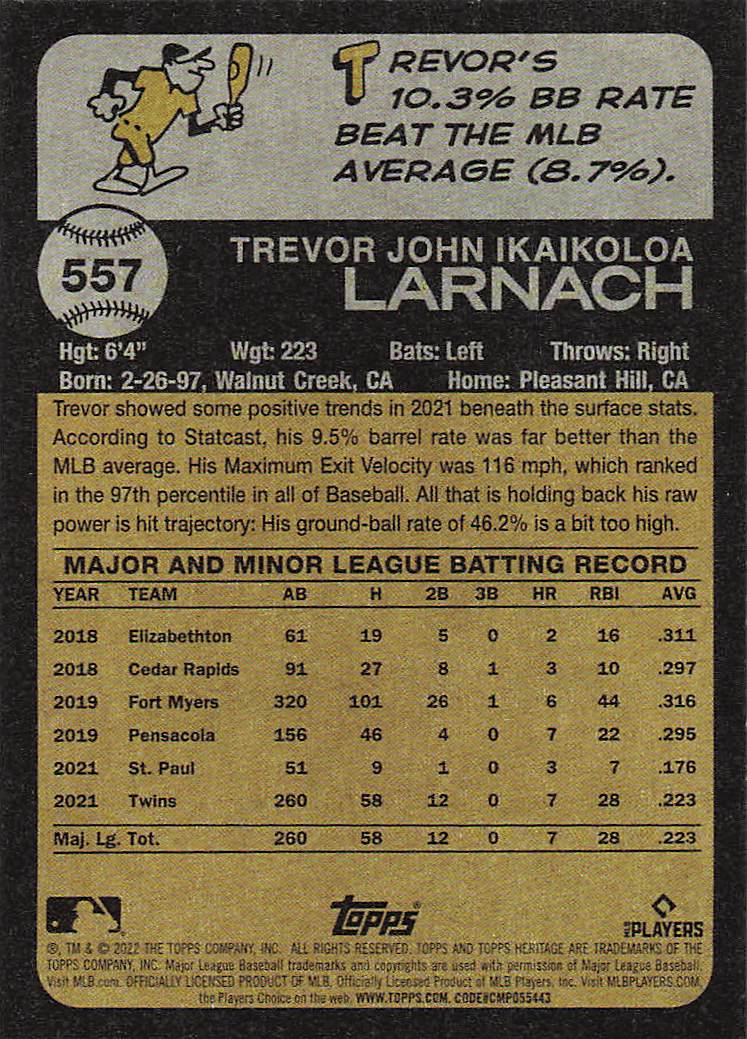 2022 Topps Heritage Baseball Trevor Larnach #557