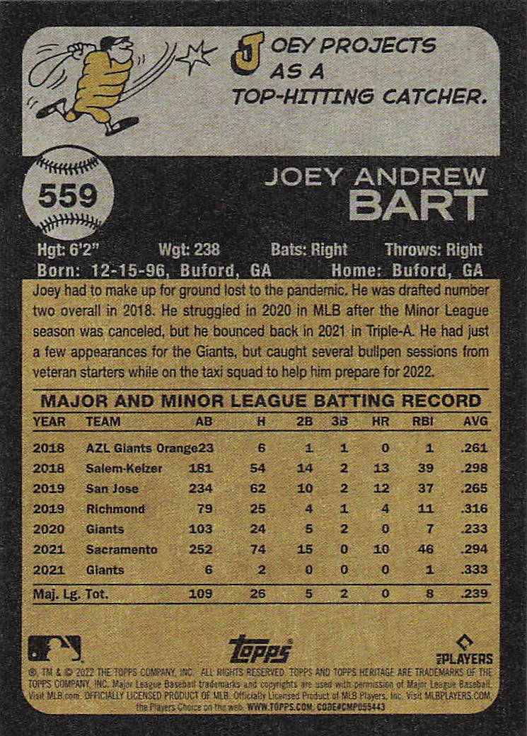 2022 Topps Heritage Baseball Joey Bart #559