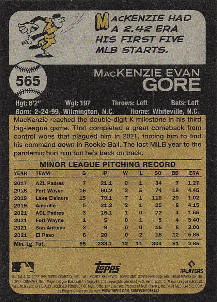 2022 Topps Heritage Baseball MacKenzie Gore #565 Rookie