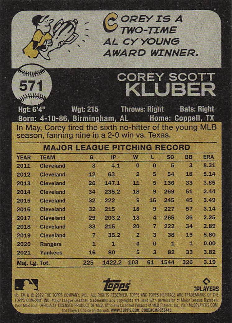 2022 Topps Heritage Baseball Corey Kluber #571
