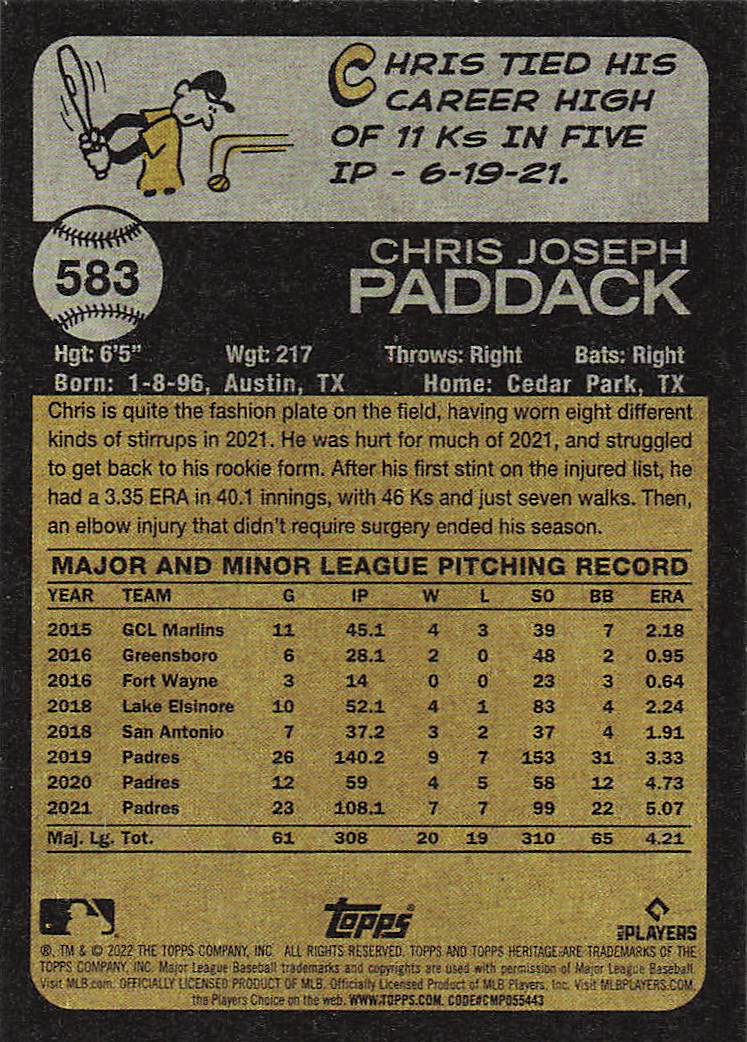 2022 Topps Heritage Baseball Chris Paddack #583
