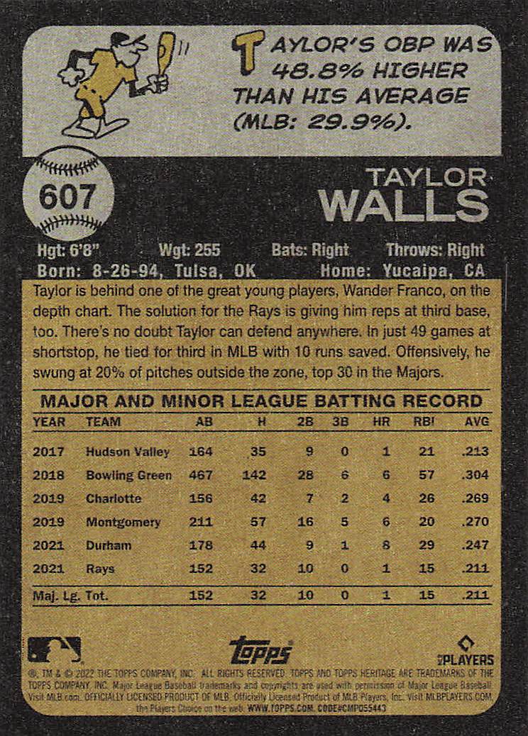 2022 Topps Heritage Baseball Taylor Walls #607