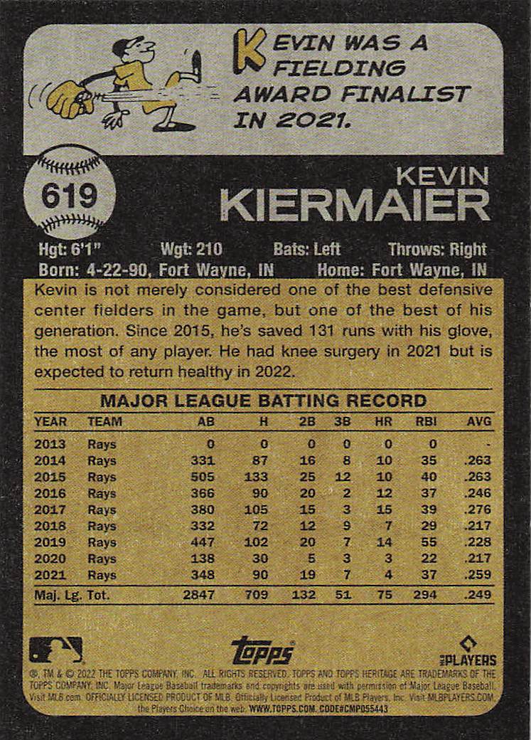 2022 Topps Heritage Baseball Kevin Kiermaier #619