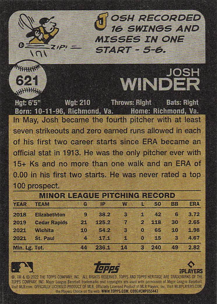 2022 Topps Heritage Baseball Josh Winder #621 Rookie