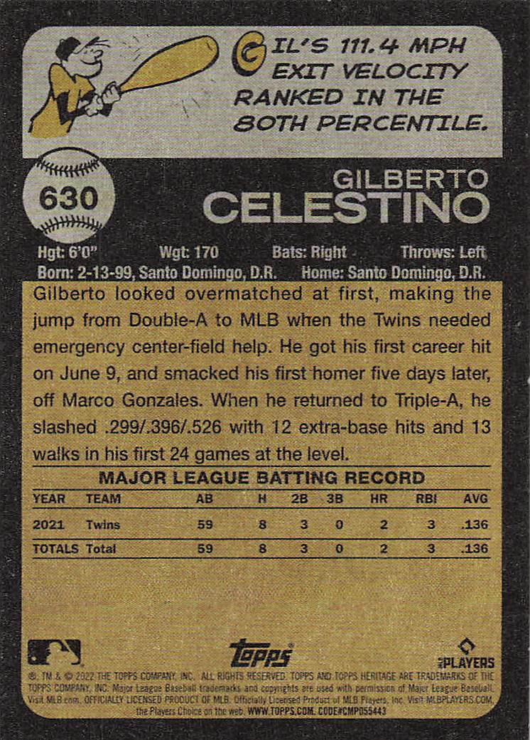 2022 Topps Heritage Baseball Gilberto Celestino #630