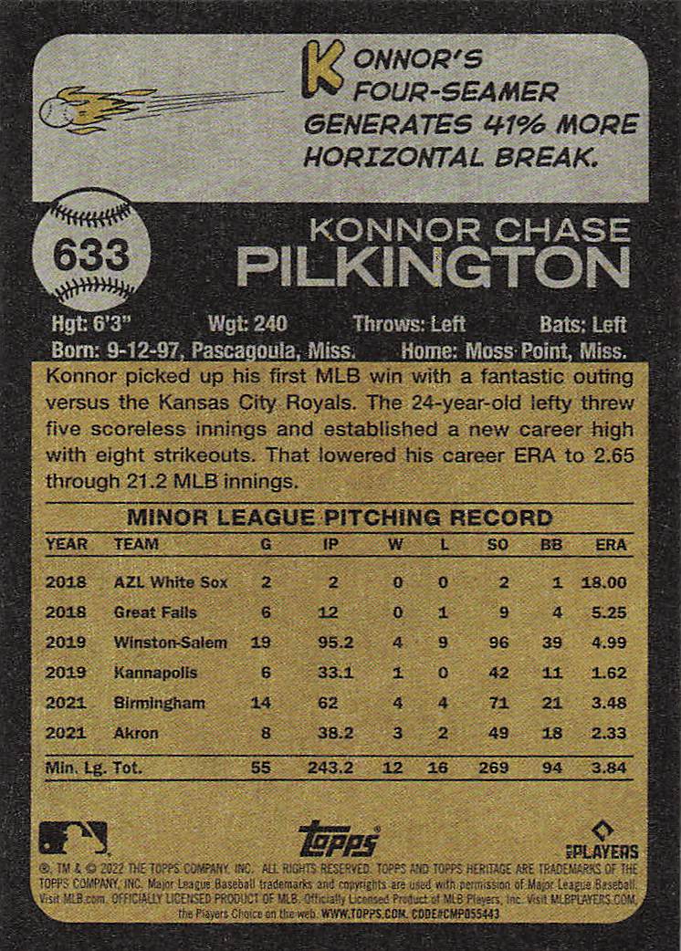 2022 Topps Heritage Baseball Konnor Pilkington #633 Rookie