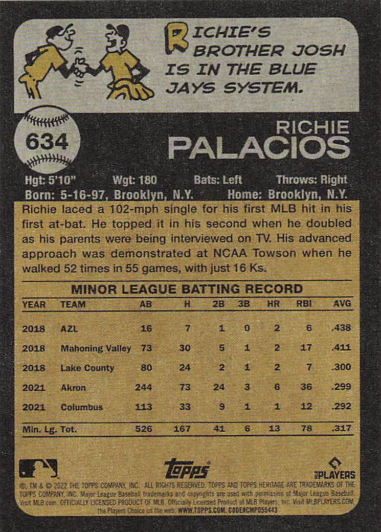 2022 Topps Heritage Baseball Richie Palacios #634 Rookie