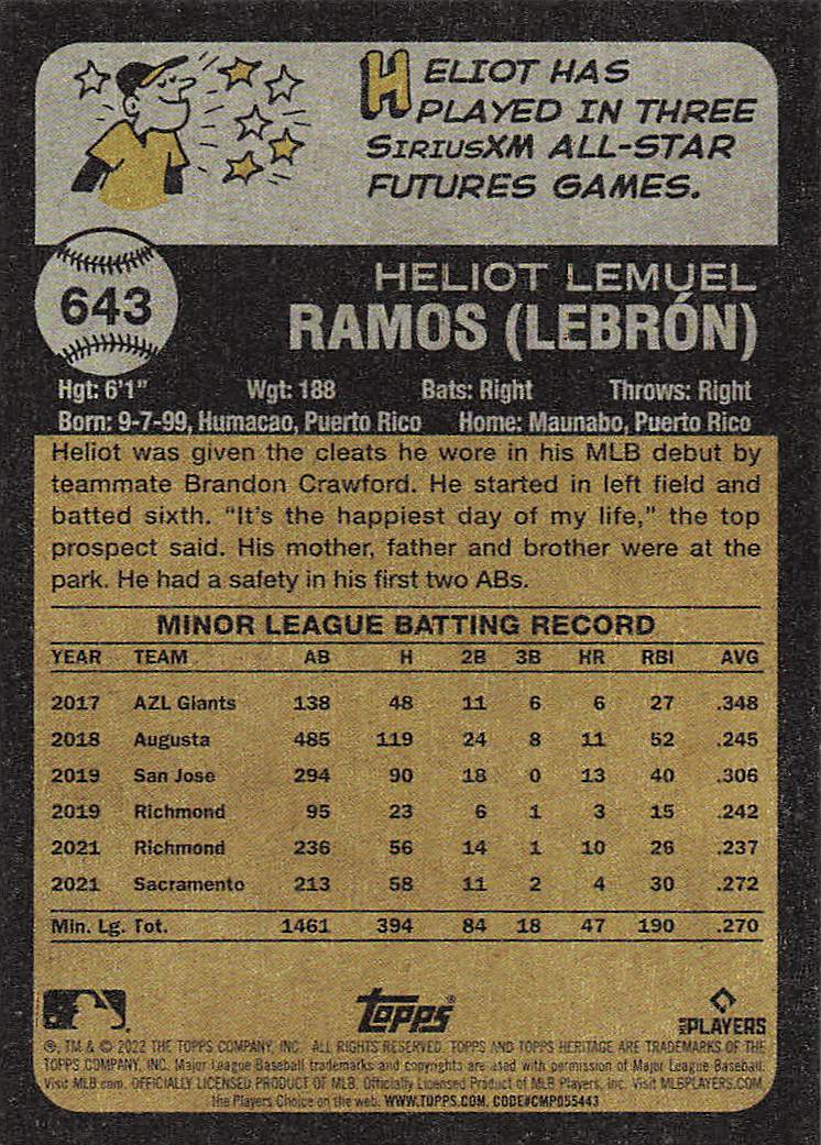 2022 Topps Heritage Baseball Heliot Ramos #643 Rookie
