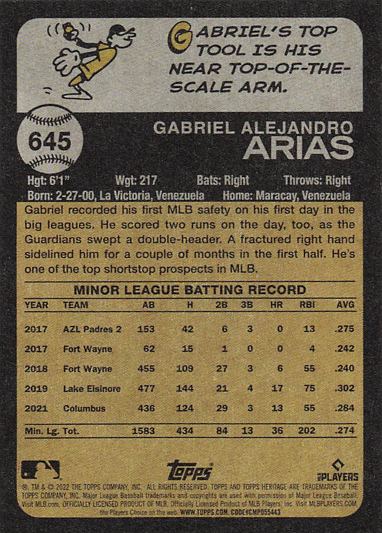 2022 Topps Heritage Baseball Gabriel Arias #645 Rookie
