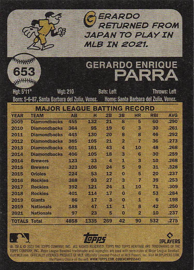 2022 Topps Heritage Baseball Gerardo Parra #653