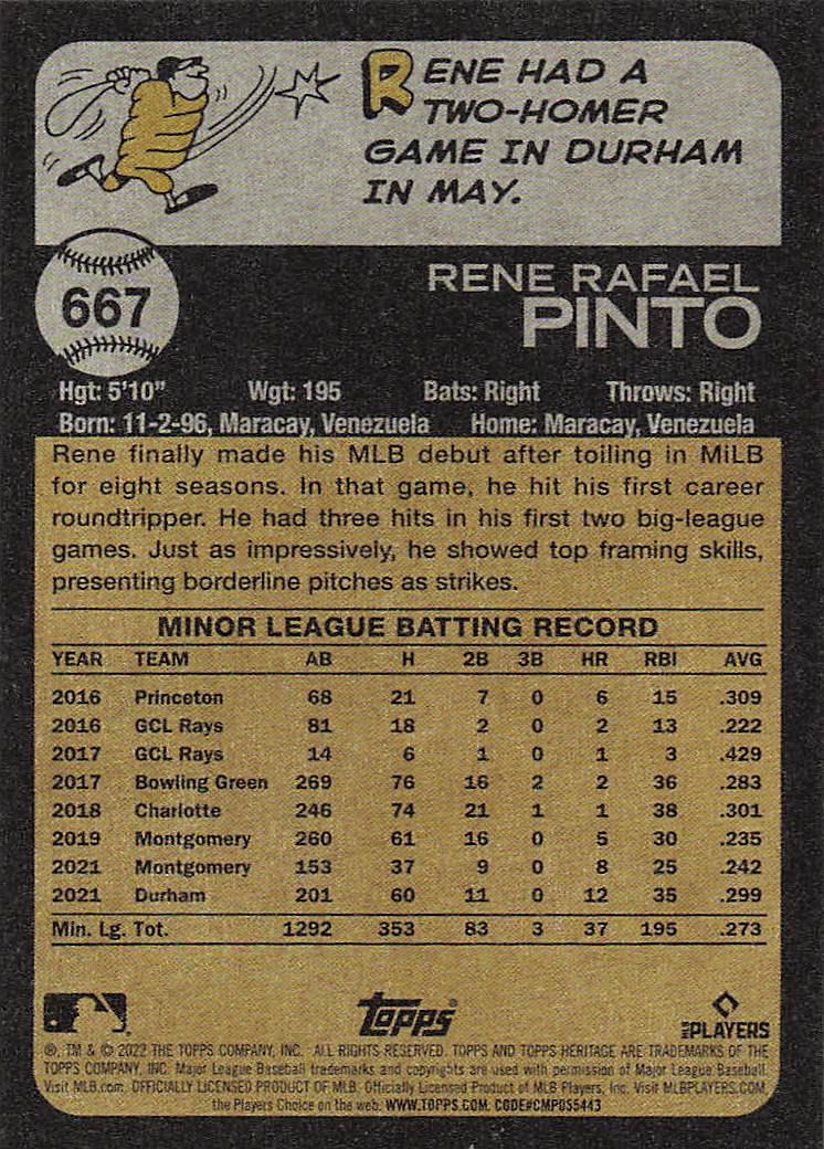 2022 Topps Heritage Baseball Rene Pinto #667 Rookie