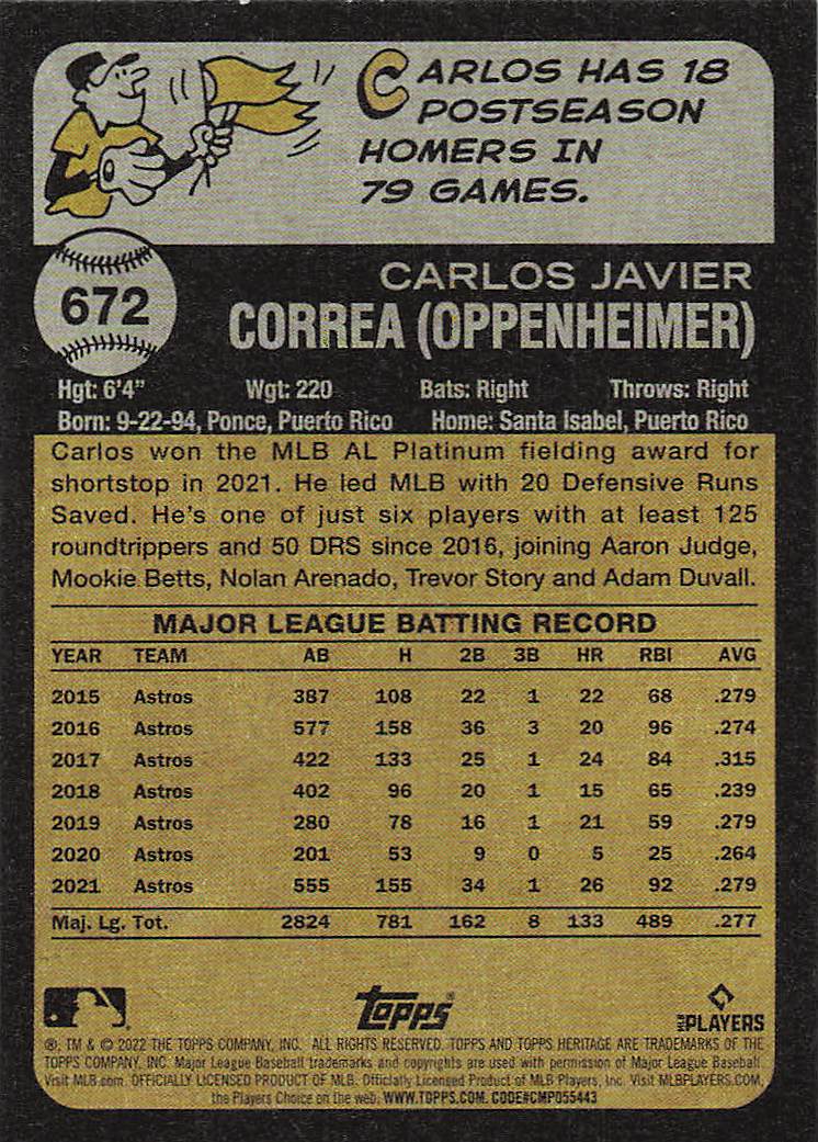 2022 Topps Heritage Baseball Carlos Correa #672