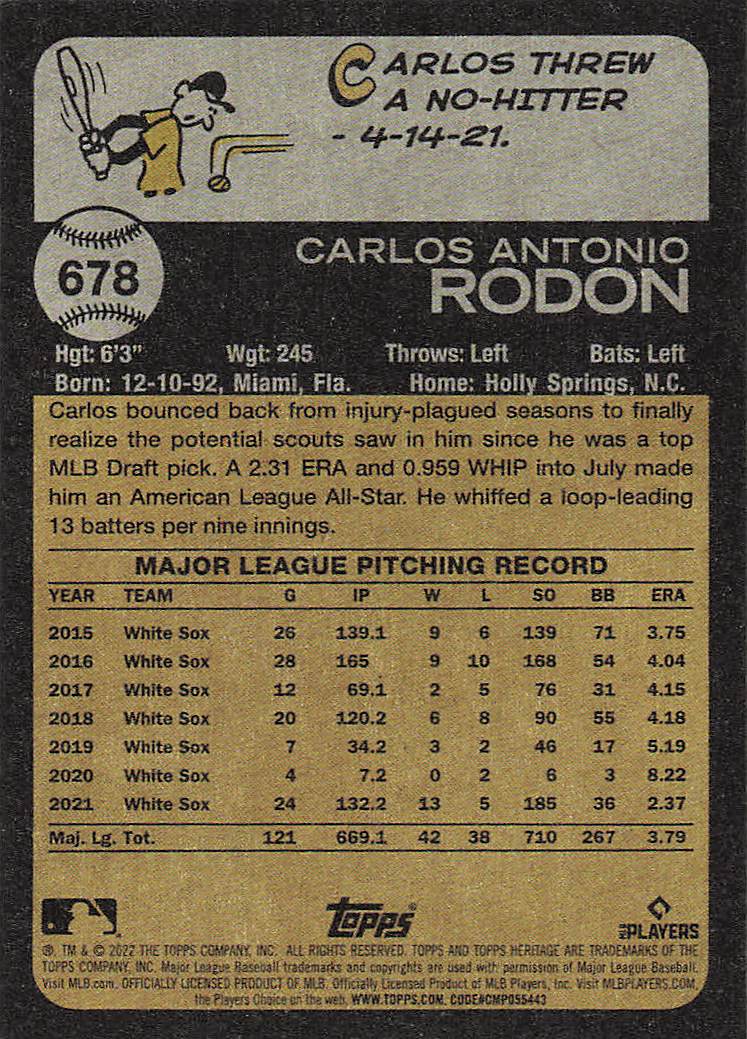 2022 Topps Heritage Baseball Carlos Rodon #678