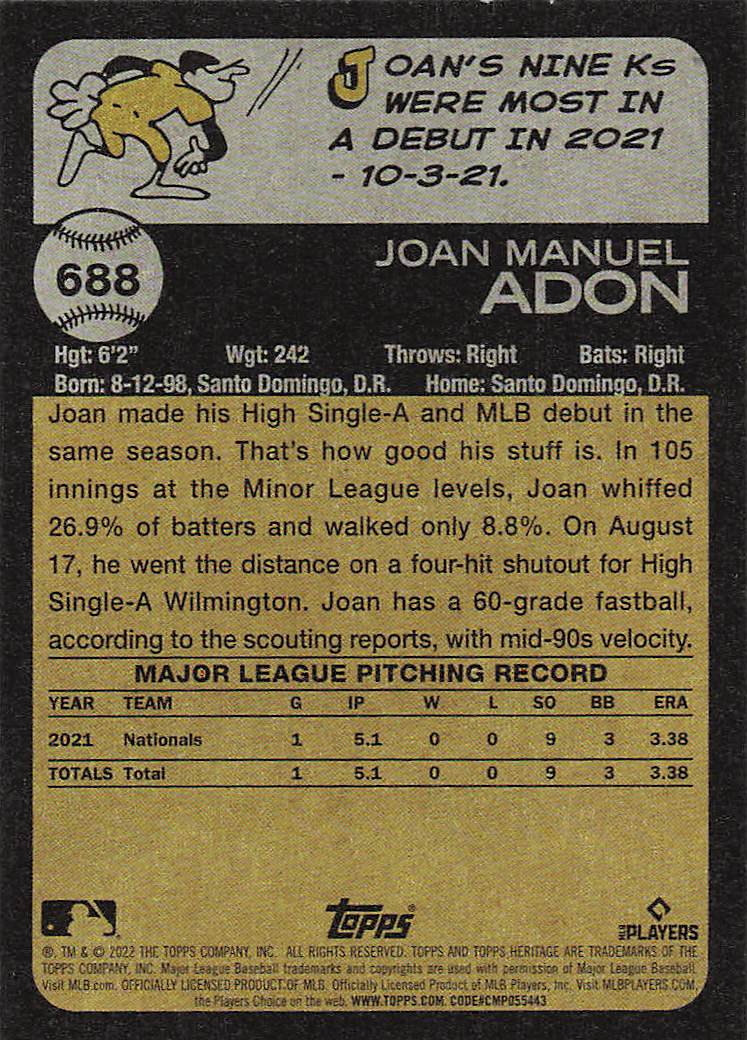 2022 Topps Heritage Baseball Joan Adon #688 Rookie