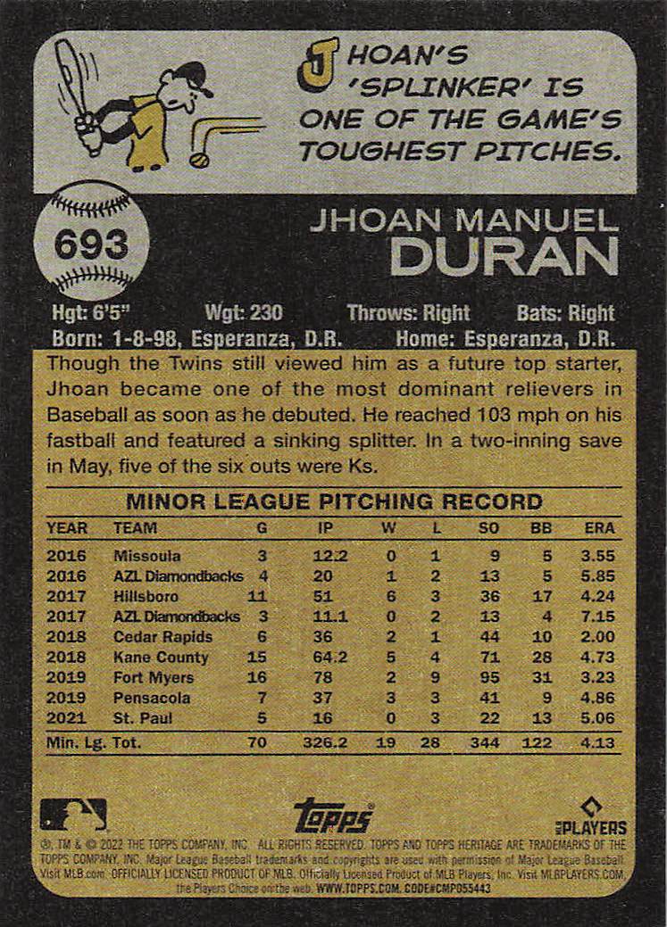 2022 Topps Heritage Baseball Jhoan Duran #693 Rookie