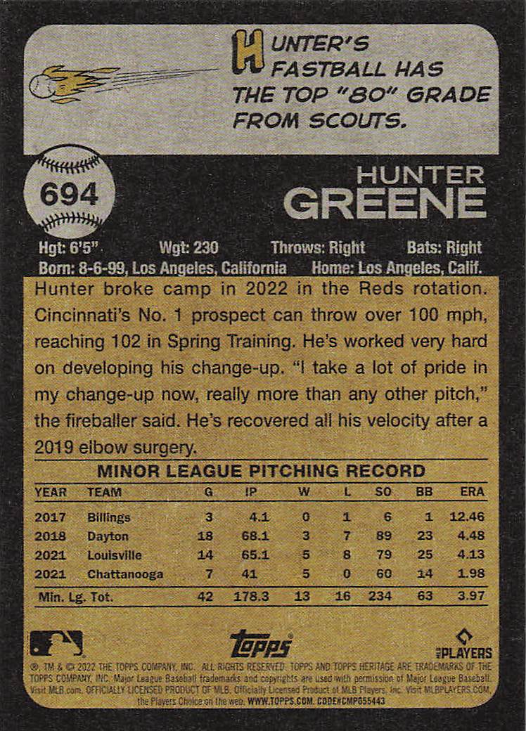 2022 Topps Heritage Baseball Hunter Greene #694 Rookie