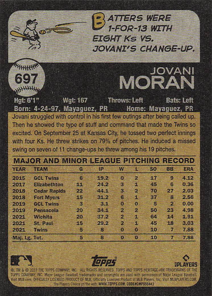 2022 Topps Heritage Baseball Jovani Moran #697 Rookie