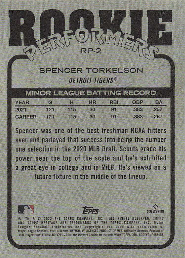 2022 Topps Heritage Baseball Rookie Performers Spencer Torkelson #RP-2