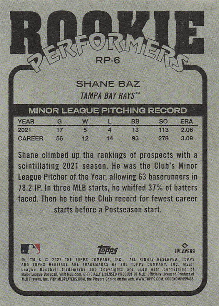 2022 Topps Heritage Baseball Rookie Performers Shane Baz #RP-6