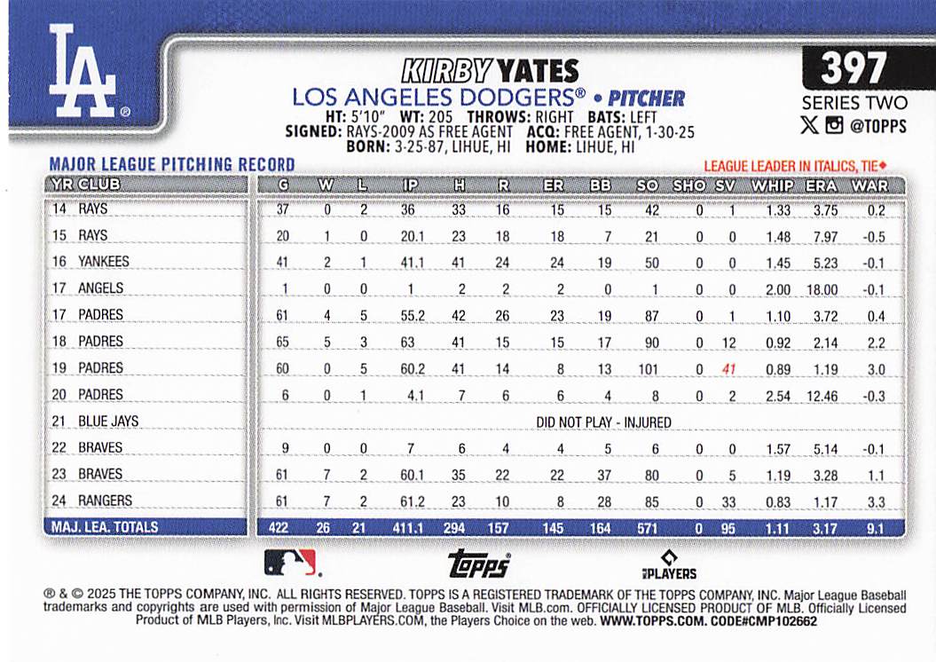 2025 Topps Baseball Kirby Yates #397