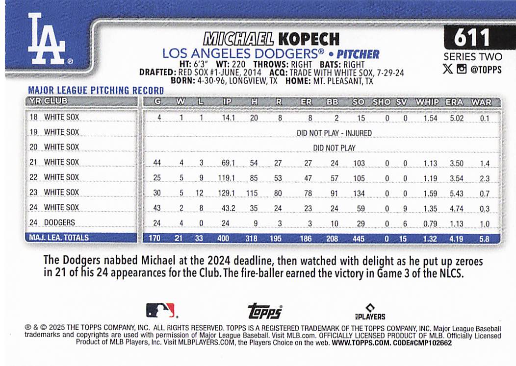 2025 Topps Baseball Michael Kopech #611
