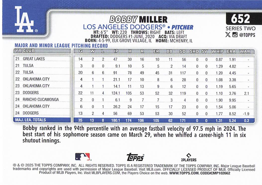 2025 Topps Baseball Bobby Miller #652