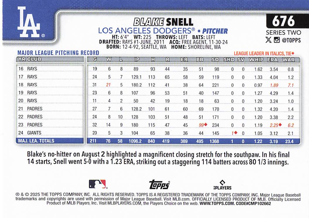2025 Topps Baseball Blake Snell #676