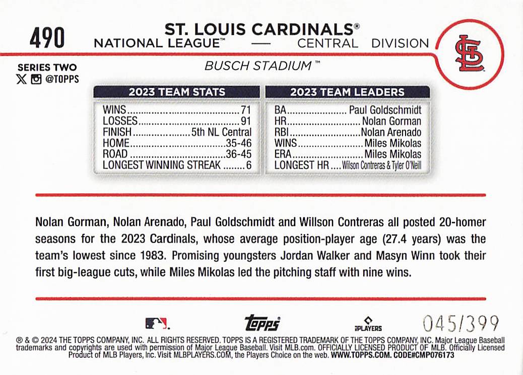 2024 Topps Baseball Green Crackle Foil 045/399 St. Louis Cardinals #490