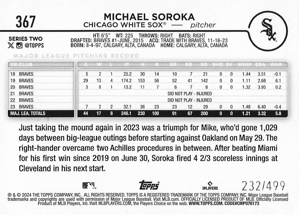 2024 Topps Baseball Green Crackle Foil 232/499 Michael Soroka #367