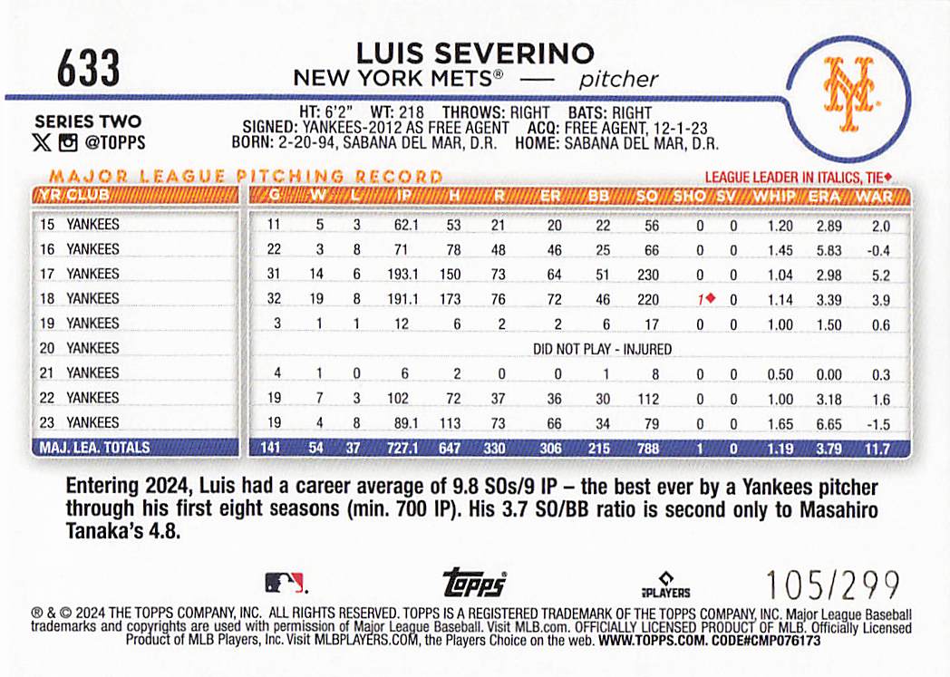 2024 Topps Baseball Orange Crackle Foil 105/299 Luis Severino #633