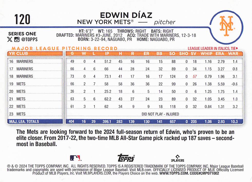 2024 Topps Baseball Yellow Edwin Díaz #120
