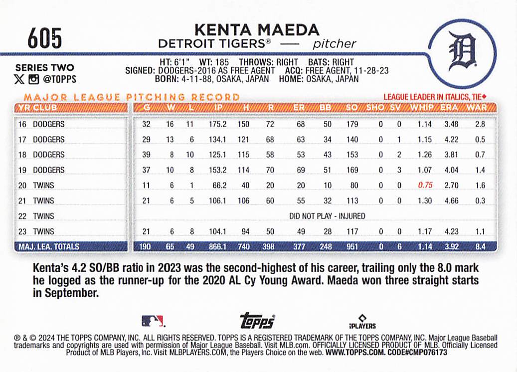2024 Topps Baseball Yellow Kenta Maeda #605