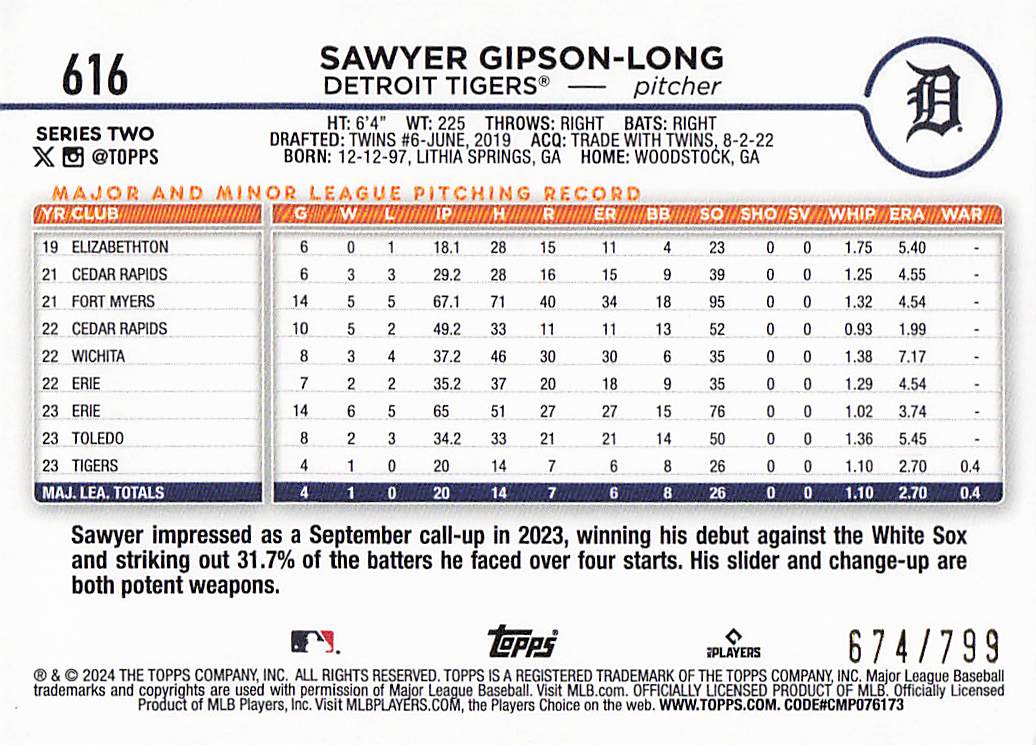 2024 Topps Baseball Purple Holofoil 674/799 Sawyer Gipson-Long #616 Rookie